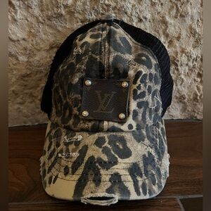 Upcycled LV patch CC ponytail hat